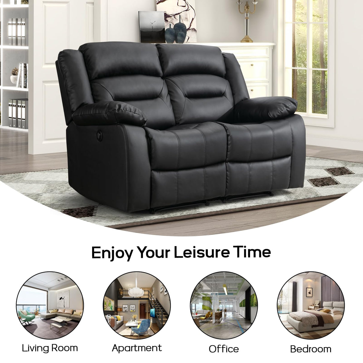 EBELLO Faux Leather Power Loveseat Recliner, Electric Reclining Sofa Chair, Overstuffed Comfortable Armrest Couch Set for Living Room, Bedroom Furniture, Meeting Room, Black (Loveseat) EBELLO