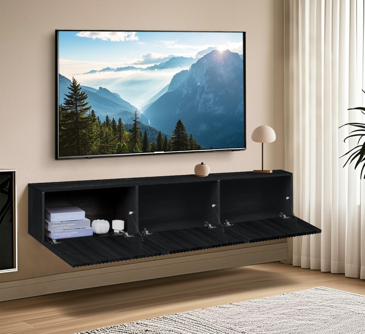 ZYBT Floating TV Stand, Modern Wall Mount Entertainment Center TV Shelf, 70.7" Media Console Under TV Storage Cabinet with Fluted Doors, TV Consoles for Living Room, Floating Cabinet for Wall (Black) ZYBT