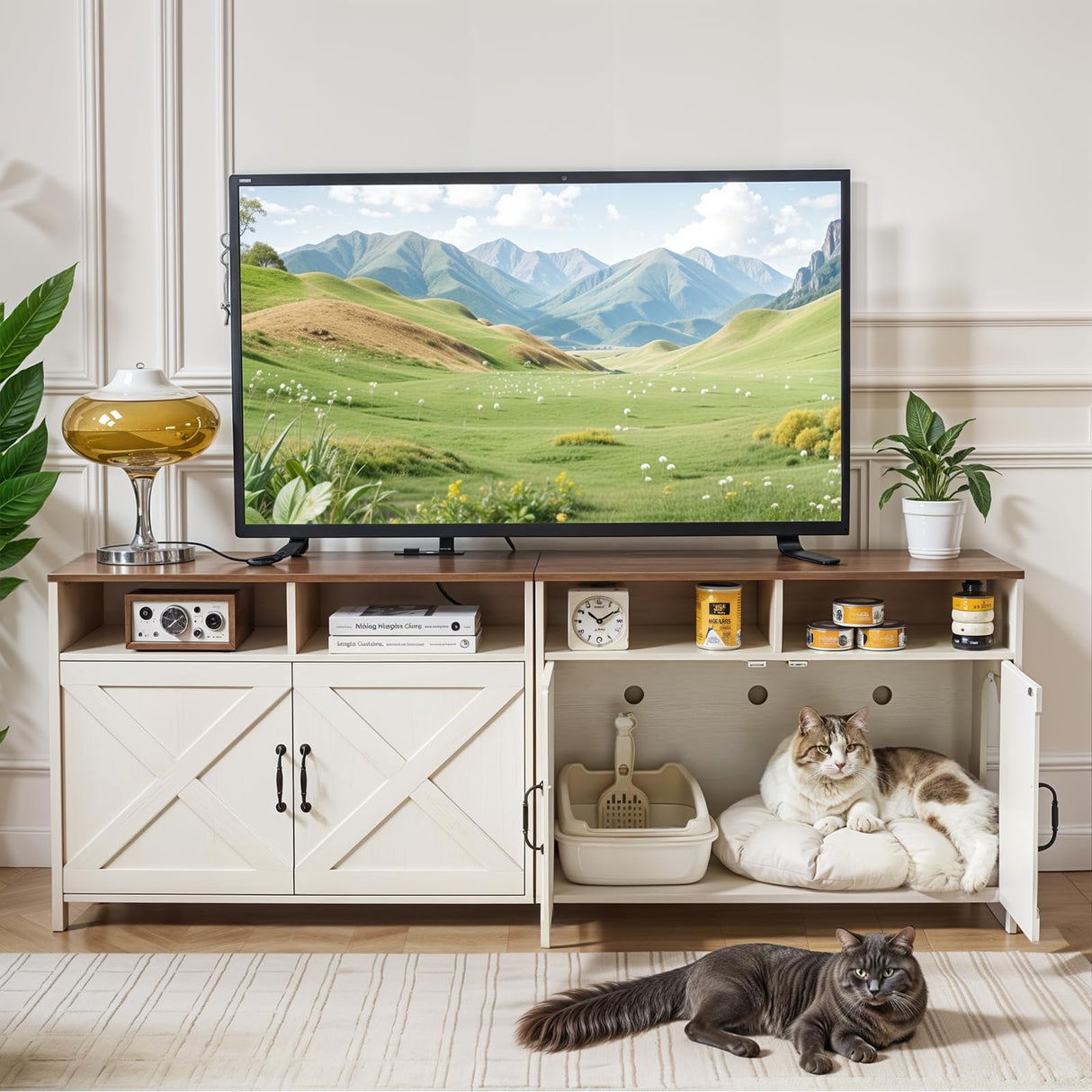 JanflyHome Double Cat Litter Box Enclosure for 2 Cats, 63" Hidden Litter Box Furniture with Outlet Power, Farmhouse Large Litter Box Cabinet TV Stand, 63 x 17.7 x 23.6 in, Antique White JanflyHome
