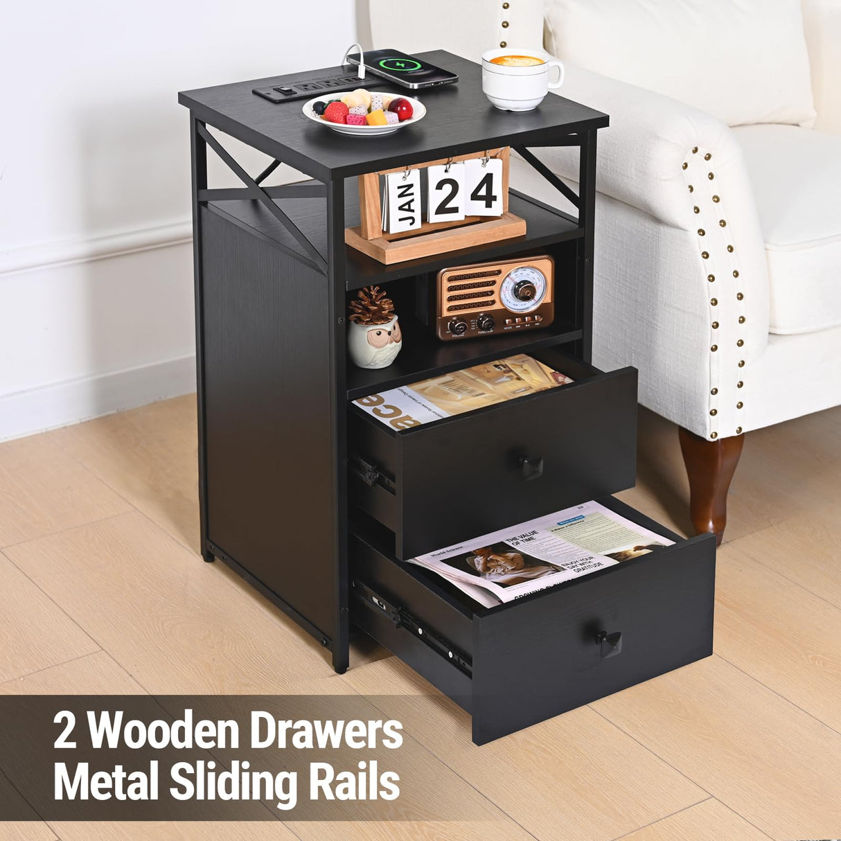 Livofloral End Table Set of 2 with Charging Station, Black Nightstands Set 2 with LED Light and Wireless Charger, Bedside Table with Wooden Drawers, Storage Night Stands for Bedrooms Set of 2 Livofloral