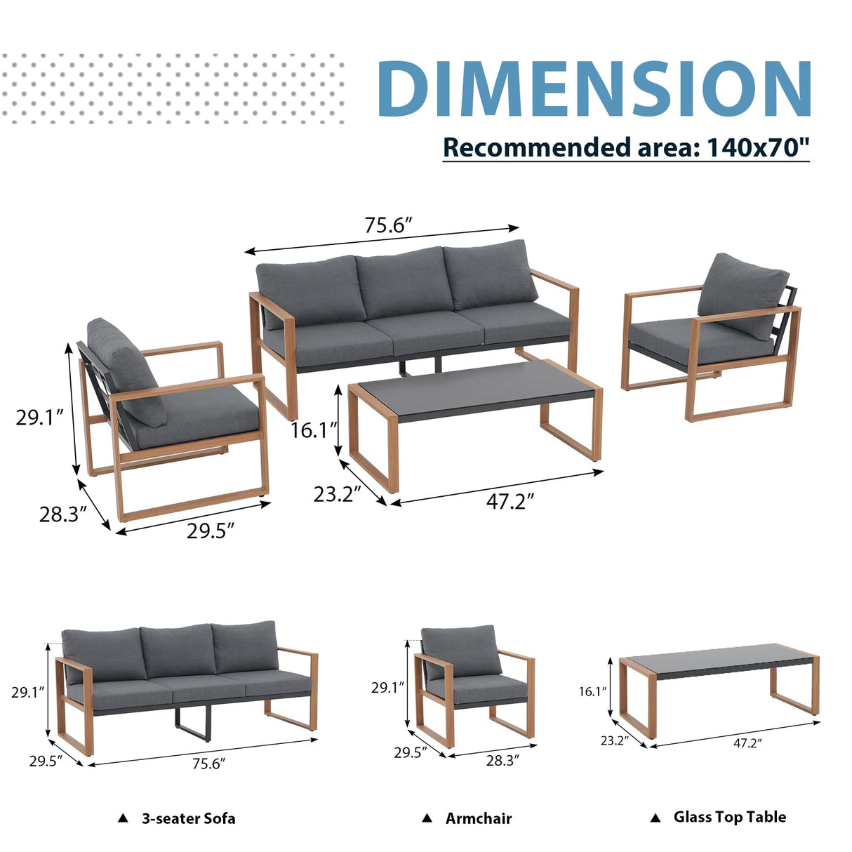 JOIVI Aluminum Patio Furniture Set, 4 Piece Outdoor Conversation Set Patio Conversation Sectional Chat Couch Sofa U-Shaped Modern Seating Set with Upgrade Cushion and Tempered Glass Coffee Table, Gray JOIVI
