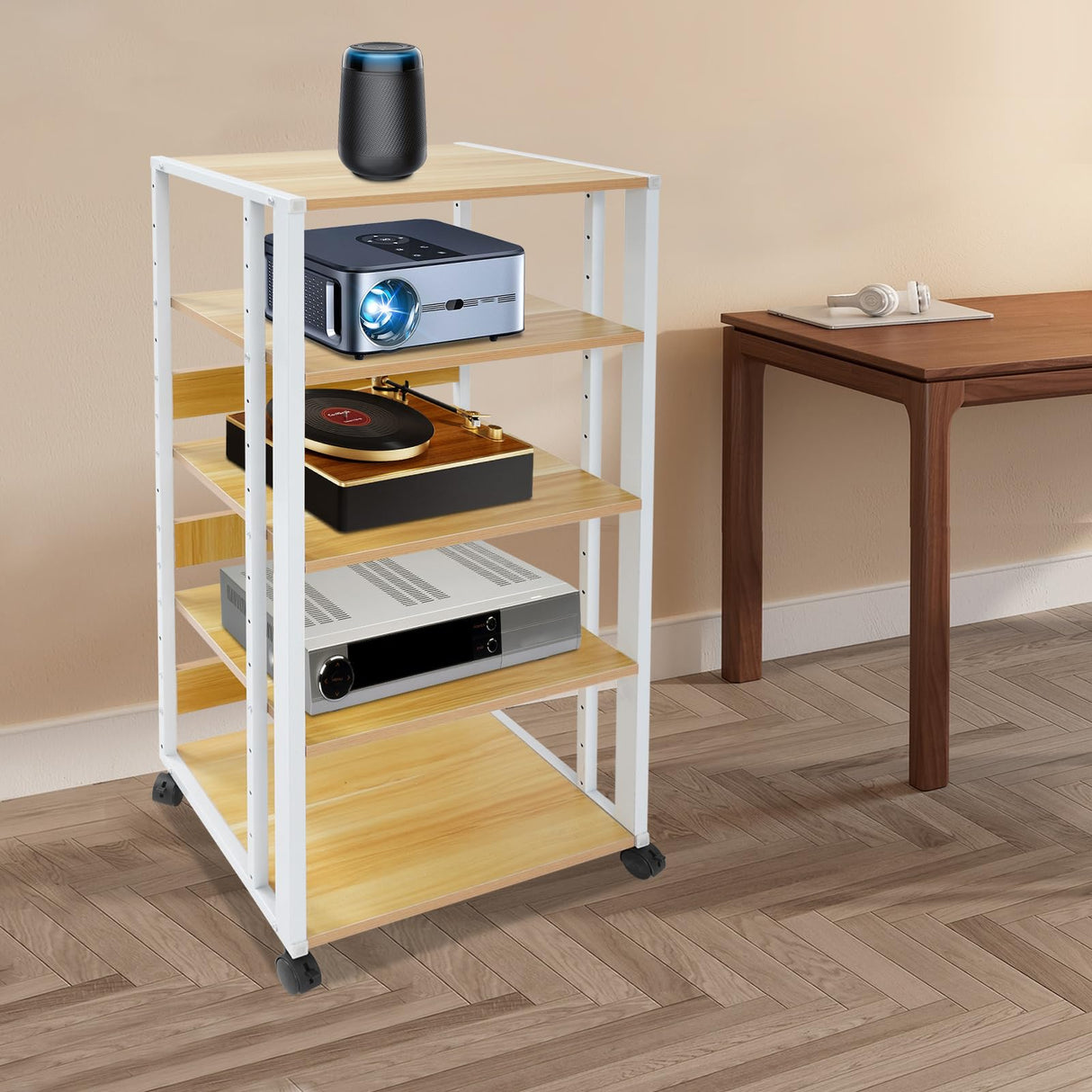 5-Tier AV Media Stand Audio Rack Tower with 4 Lockable Universal Wheels Movable Audio Media Stand with Top Corner Shelf for Record Player, Stereo Components, DVD Players(19.7*15.7*42.9in, White, Wood) VitaChicuy