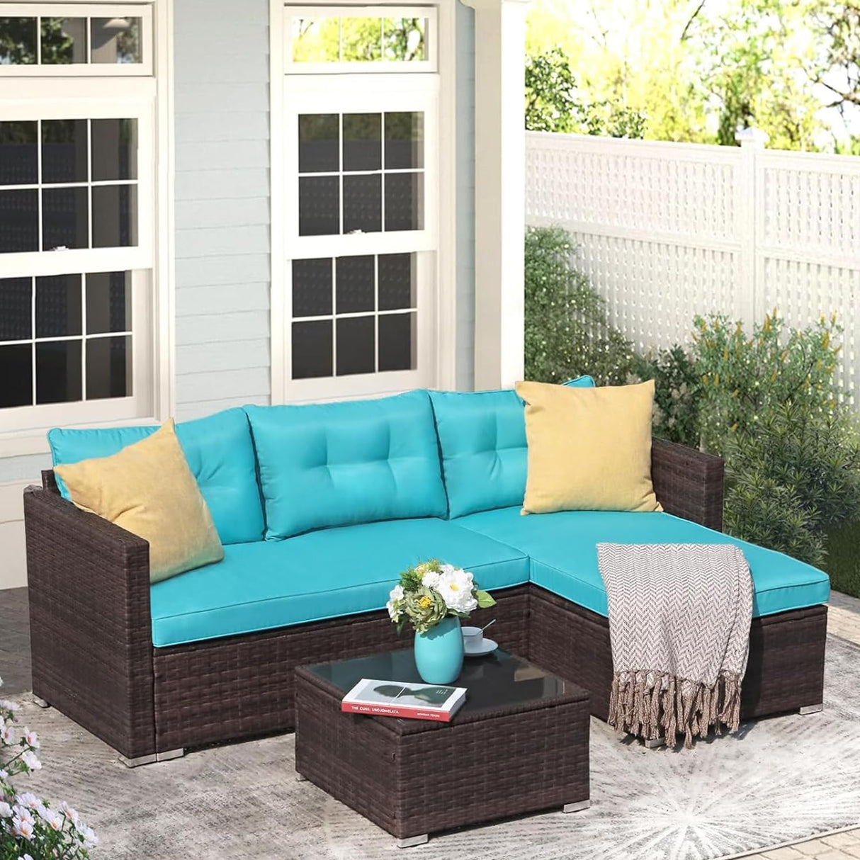 JOIVI Outdoor Wicker Sectional Furniture Set, 3 Piece Patio Furniture with Tempered Glass Coffee Table, Turquoise JOIVI