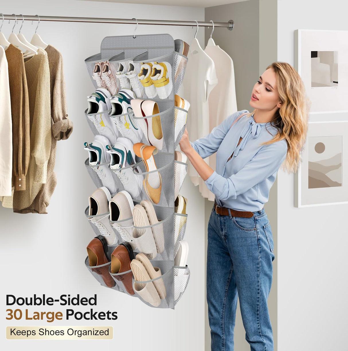 MISSLO 30 Large Pockets Dual Sided Hanging Shoe Organizer for Closet with Rotating Hanger Hanging Shoe Shelves, Grey MISSLO