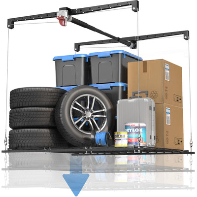 KOKORACKER Garage Ceiling Storage Racks, Heavy-duty 4x4 Ft Overhead Garage Storage Rack with Safety Lock, Ideal for Overhead Storage Mounted Lift System and Storage Organizer, 250lbs Capacity