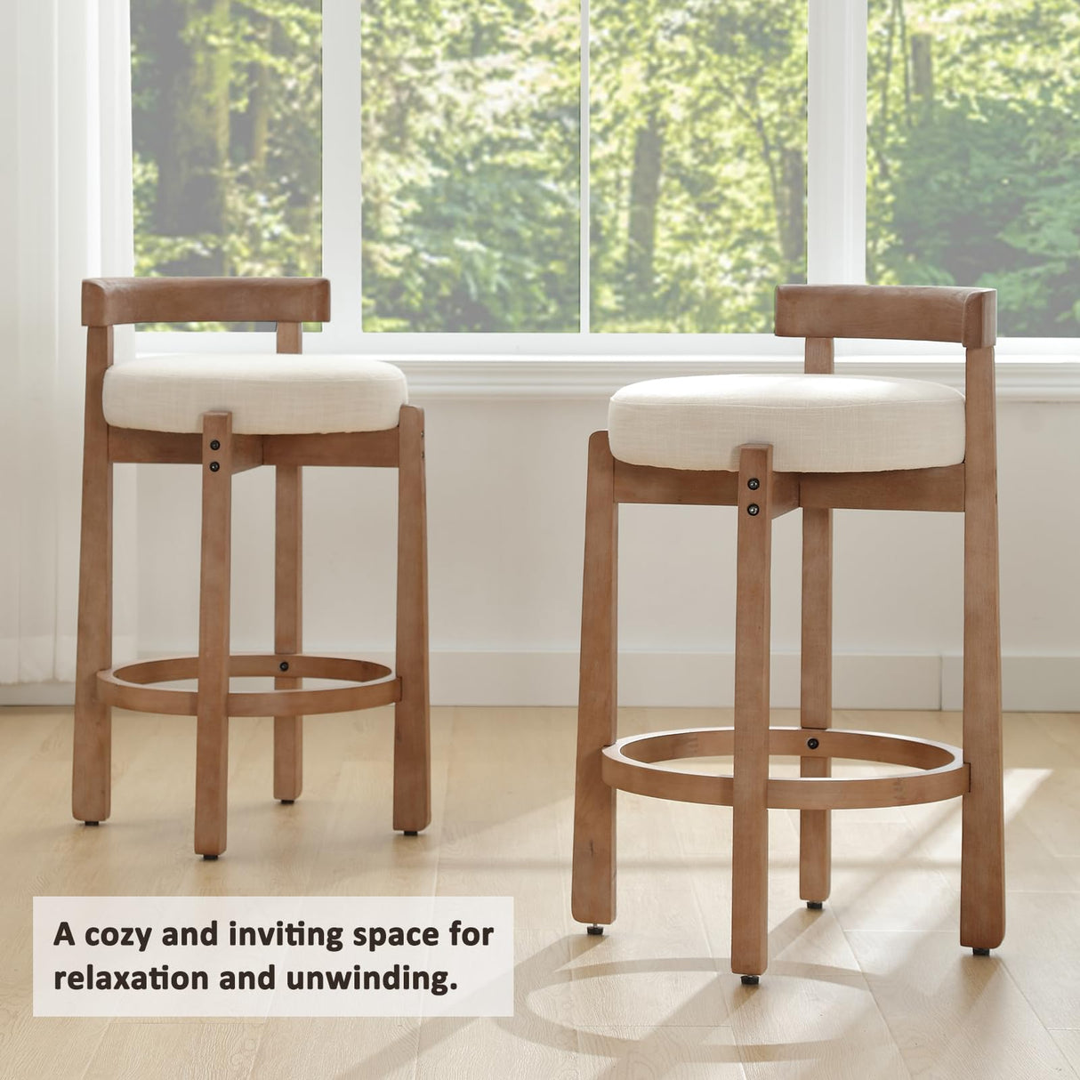 HEAH-YO Mid Century Modern Bar Stools Set of 2, 26.5" Counter Stools with Back, Linen Upholstered Barstools with Solid Wood Legs Bar Chairs for Kitchen Island Dining Room, Beige HEAH-YO