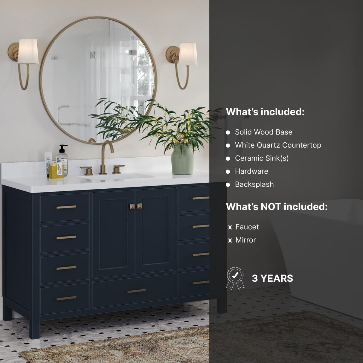 ARIEL Cambridge 55" Midnight Blue Bathroom Vanity with Sink, 1.5" Edge Pure White Quartz Countertop & Backsplash, Center Rectangular Sink, 2 Soft Closing Doors, 9 Full Extension Dovetail Drawers ARIEL