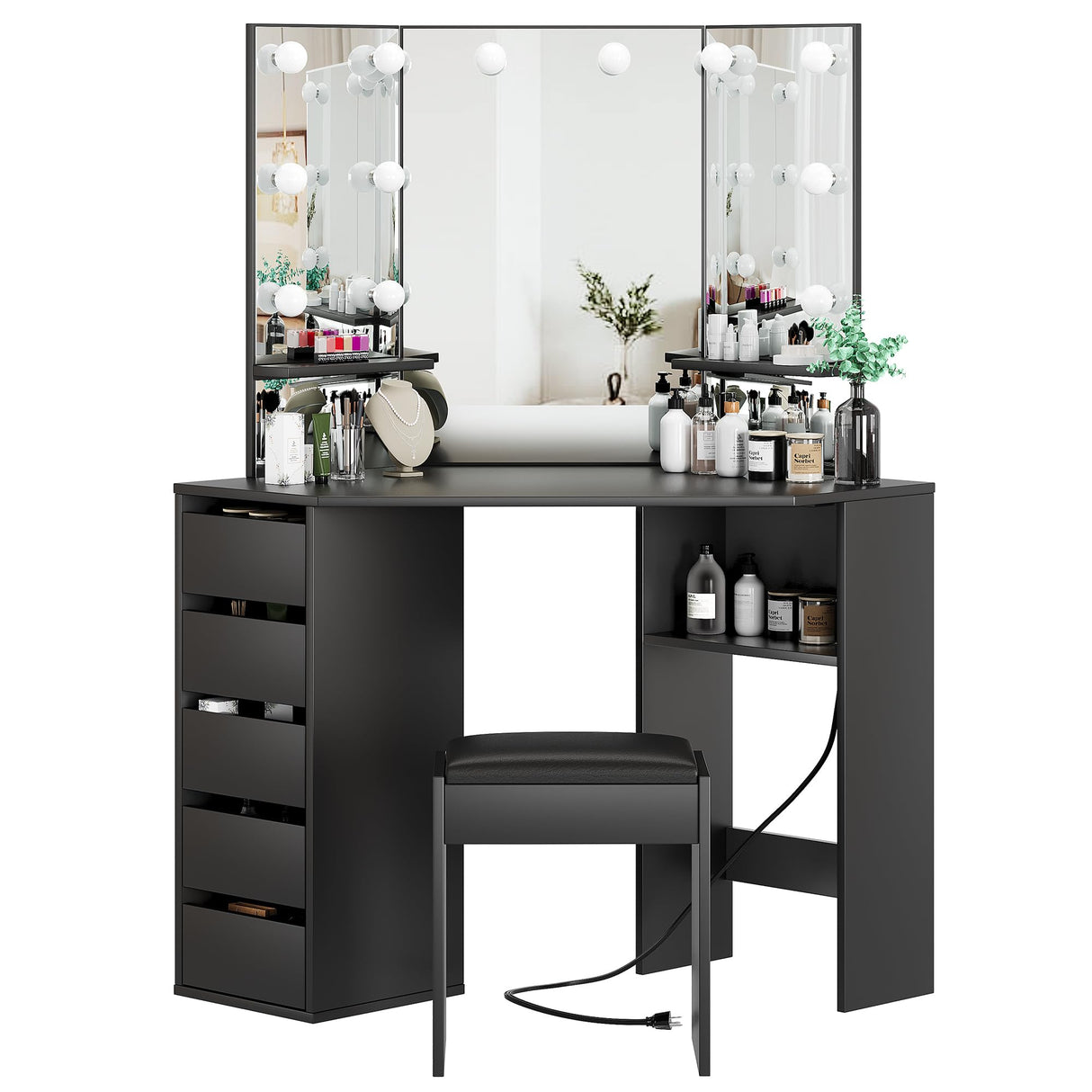 GAOMON Vanity Desk with Mirror and Lights, Corner Makeup Vanity Desk, Large Dressing Tables with Charging, 5 Drawers, Shelves and Vanity Stool, Black GAOMON