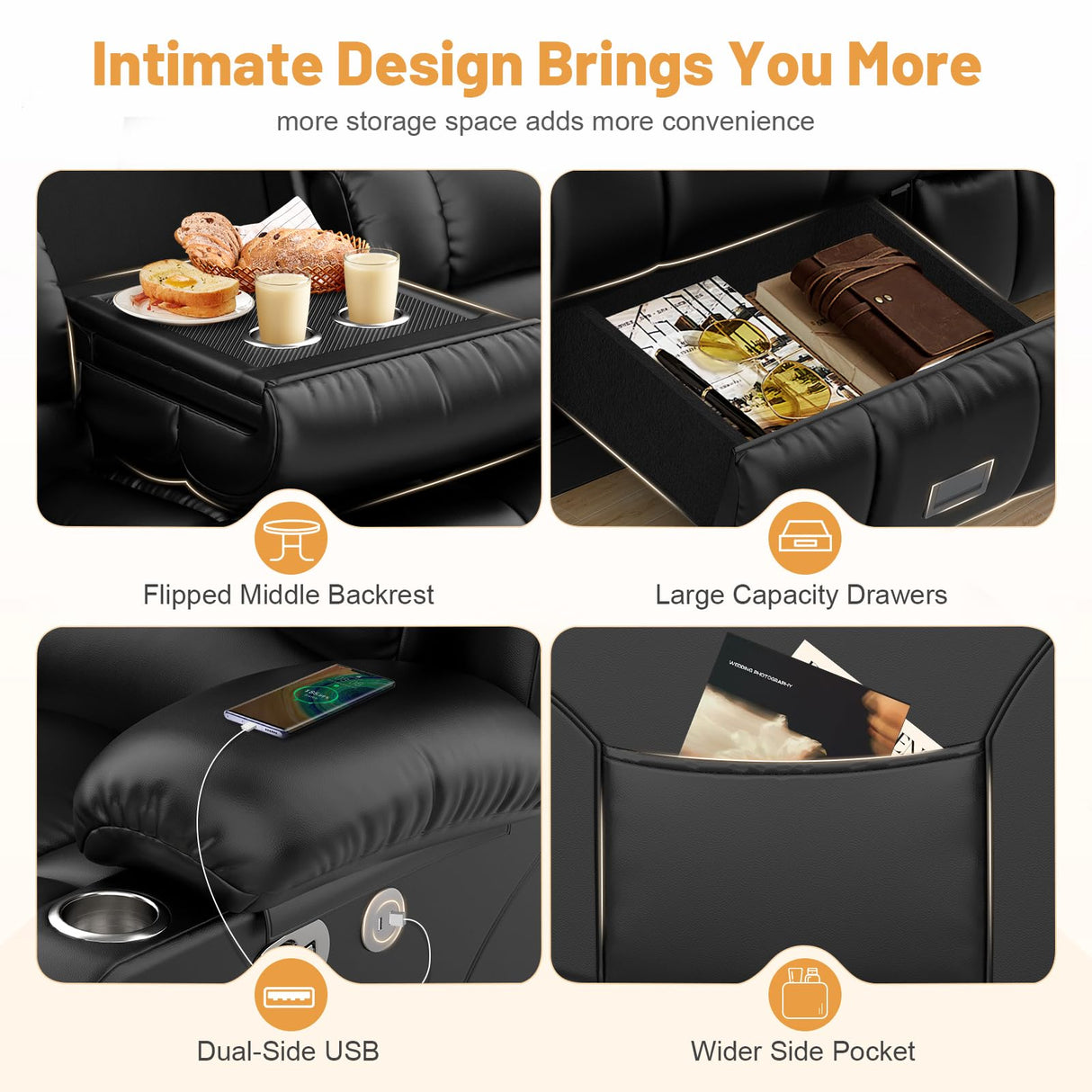 Dresegmt Recliner Sectional Sofa, 5 Seat L-Shaped Manual Reclining with Flip Middle Backrest Design, Large Storage Drawer, USB Ports, Recliner Sofa Couch for Home Theater Seating (Black) Dresegmt