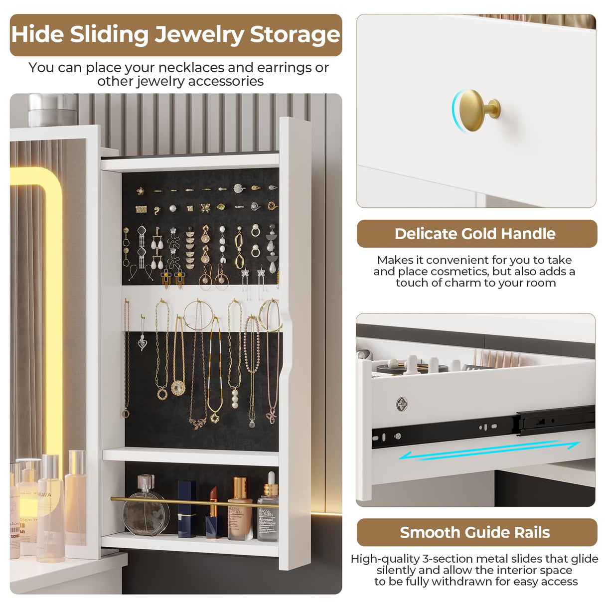 Hasuit Makeup Vanity Desk with Large Mirror and LED Lights, Vanity Table with Sliding Jewelry Cabinet and Power Outlets, Vanity with Storage Cabinets & Drawers, 3 Lighting Modes Brightness Adjustable Hasuit