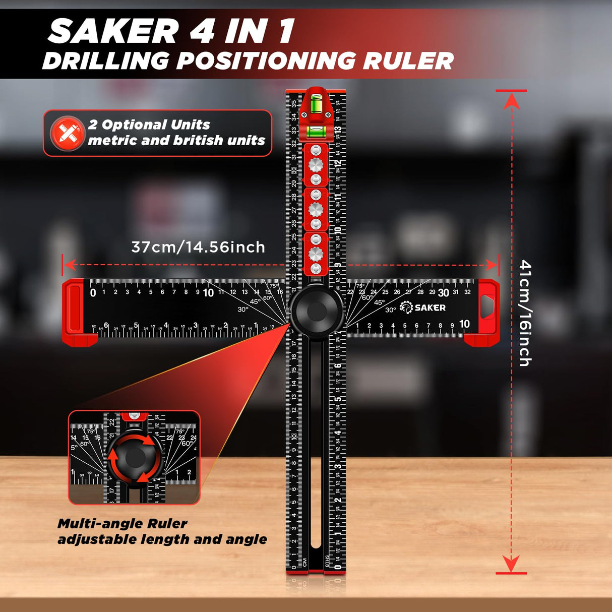 Saker 4-in-1 Drilling Positioning Ruler, Adjustable 13.78in Multifunctional T Square Ruler, Cabinet Hardware Jig, Marking Gauge Tools for Woodworking, Cabinet Drawer Door Hole Drilling Template Saker