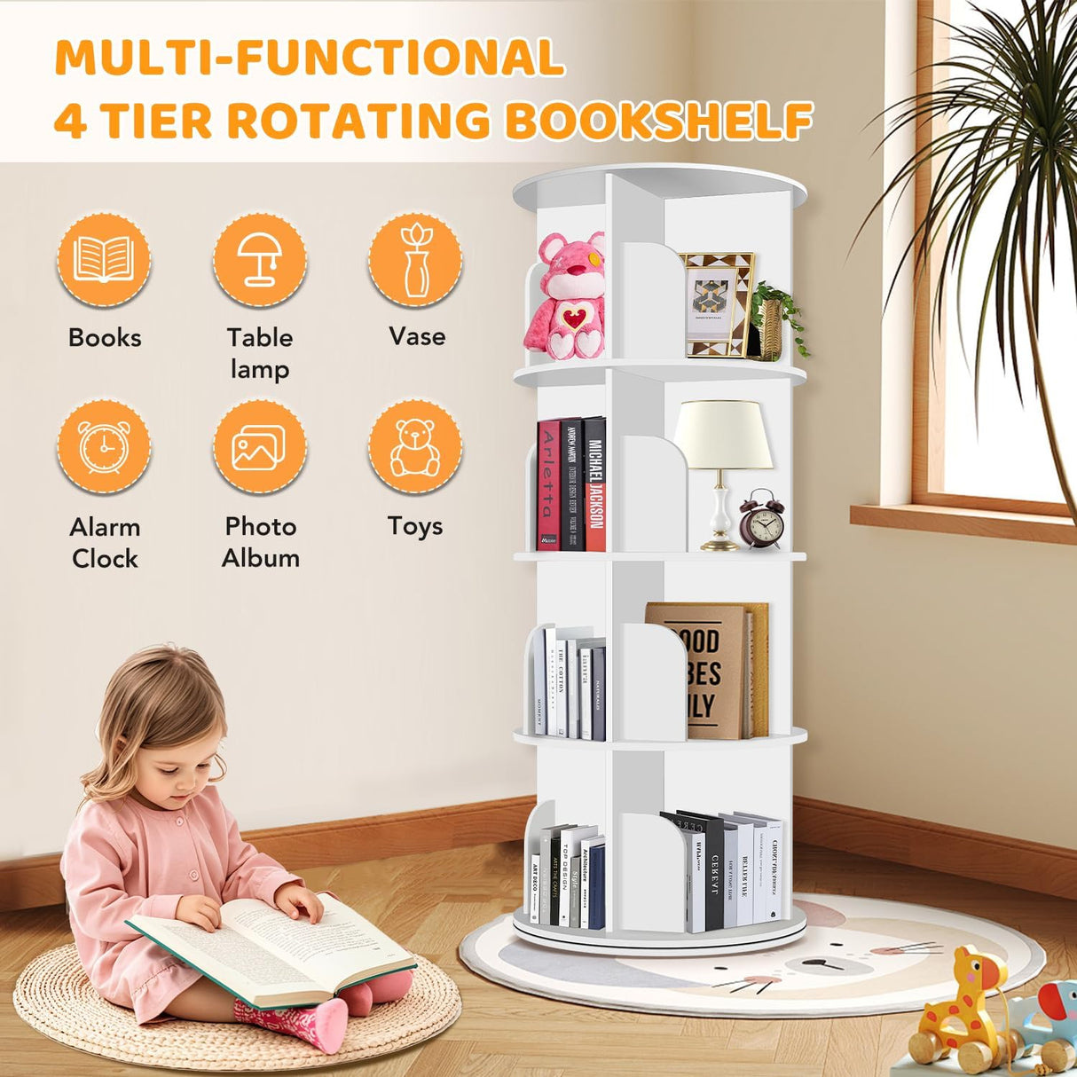 RUNSUNSPRI 4 Tier Rotating Bookshelf Tower, Spinning Bookshelf, Revolving 360° Bookcase Storage Round Carousel, Vertical Rotate Turning Spiral Corner Organizer Lazy Susan, White RUNSUNSPRI