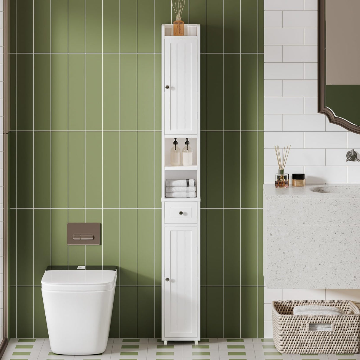 ChooChoo Narrow Bathroom Storage Cabinet with Adjustable Shelves, Tall Storage Cabinet with 2 Doors and 1 Drawer, Freestanding Cupboard for Small Spaces, White ChooChoo