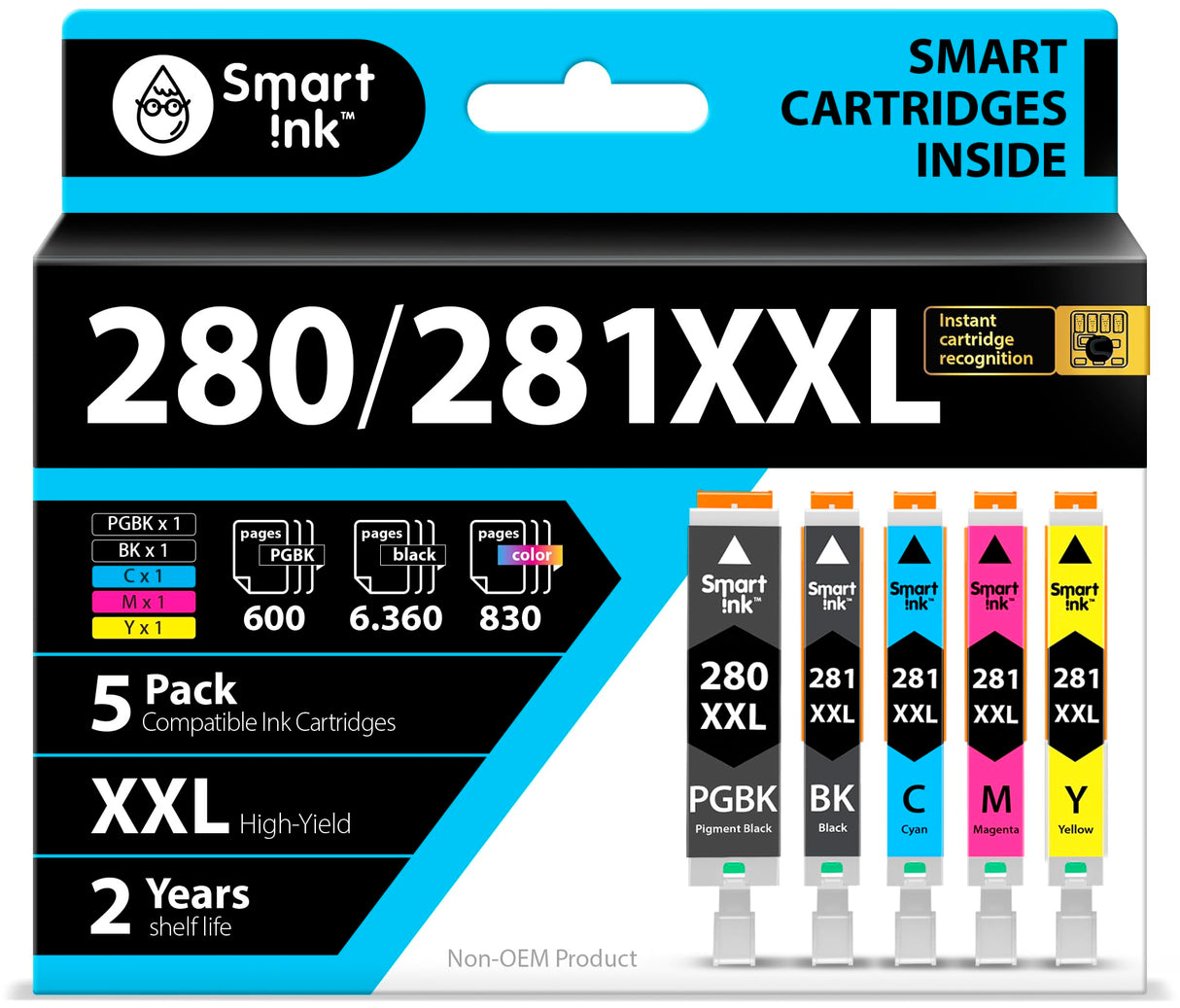 Smart Ink Compatible Ink Cartridges Replacement for Canon 281 280 PGI-280XXL CLI-281XXL (5 Combo Pack) to use with Canon Printers Pixma TR8520 TS9120 TS6120 TR8620 TR8620a TS6320 TR7520 PGBK/BK/C/M/Y Smart Ink