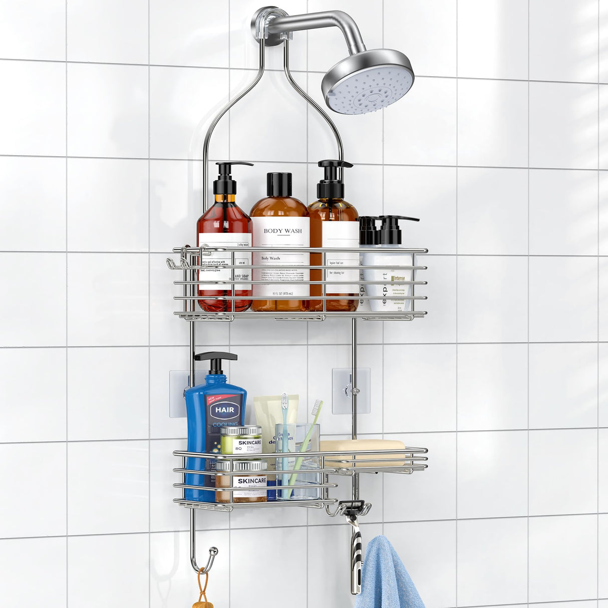 SMARTAKE Hanging Shower Head Caddy, Rustproof Bathroom Shower Shelf Organizer, SUS201 Stainless Steel Over The Storage Rack, for Toilet, Bathroom, Silver SMARTAKE