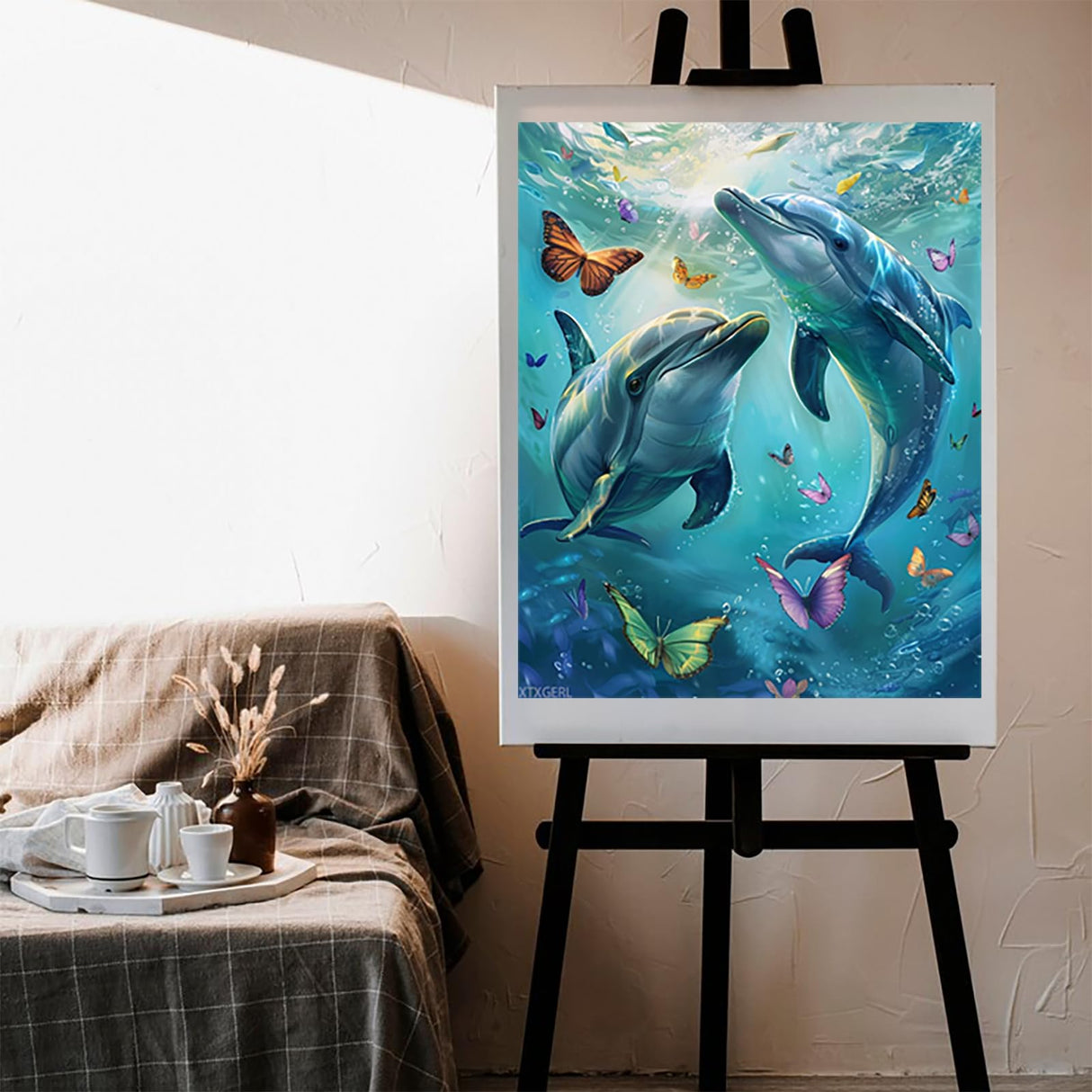 XTXGERL Paint by Numbers Dolphin for Adults, Acrylic Oil Painting by Numbers Kits for Beginner with Paintbrushes Brushes Art Crafts Canvas for Home Decor 16x20 inch / 40x50 cm XTXGERL