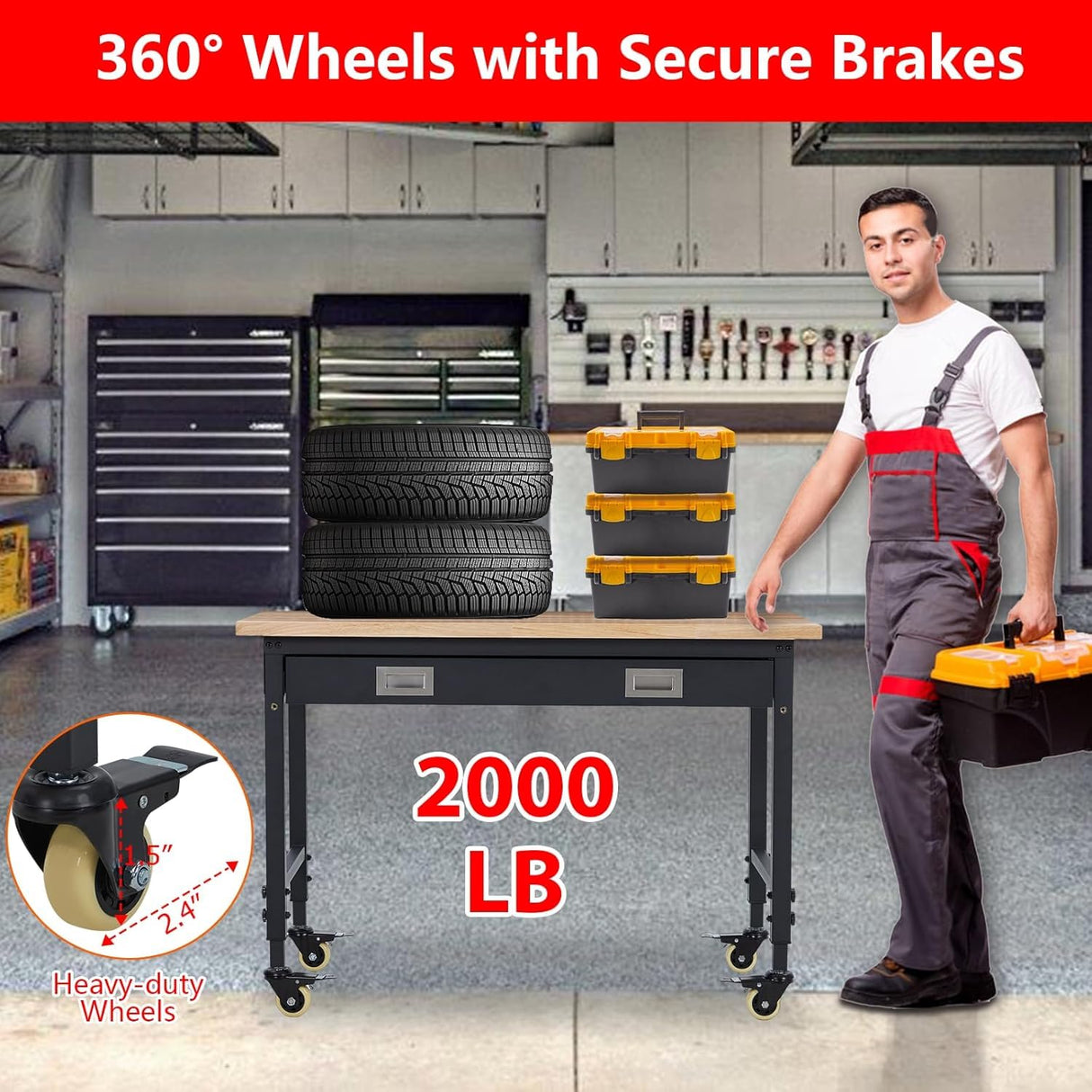 Workbench 48 x 24 Adjustable Height Worktable, Heavy Duty Rubber Wood Top, 2000 LBS Load Capacity, Tool Storage Workstation with Drawer, Pegboard, Power Outlets & Lockable Wheels IDEALHOUSE