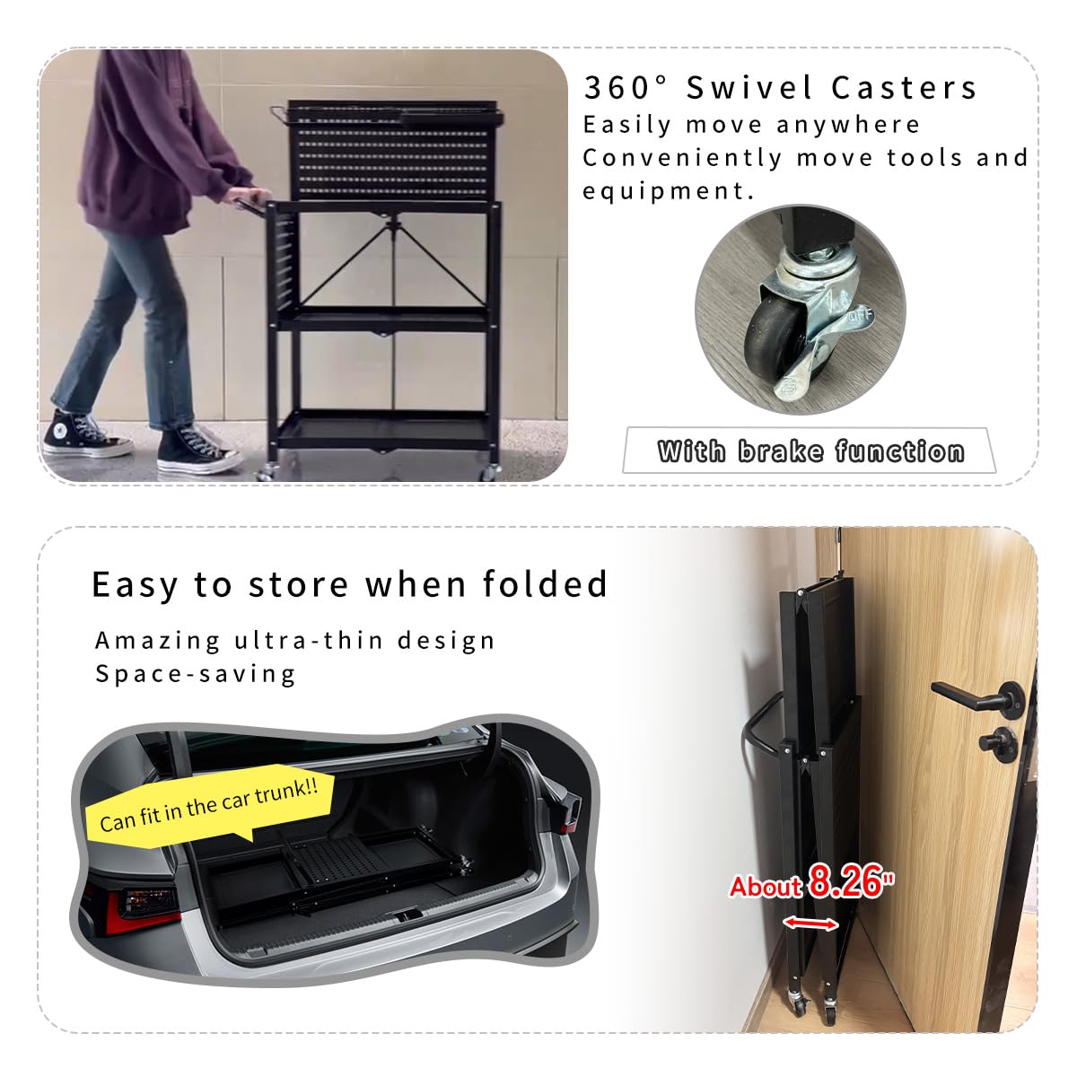 Lumizone 3-Tier Foldable Rolling Tool Cart with Wheels, Utility Cart with Pegboard for Garage Organizer and Tool Storage, Power Tool Storage Cart on Wheels (Tool Cart) lumizone