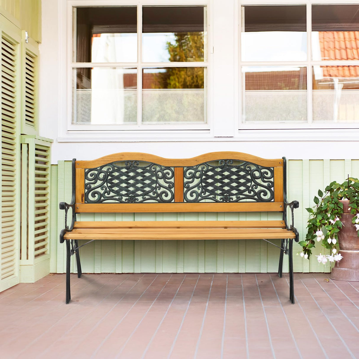 VINGLI Outdoor Bench Metal Garden Bench Front Porch Bench, Wood Patio Bench w/PVC Backrest Cast Iron Love Seat Park Benches (Arched Back) VINGLI