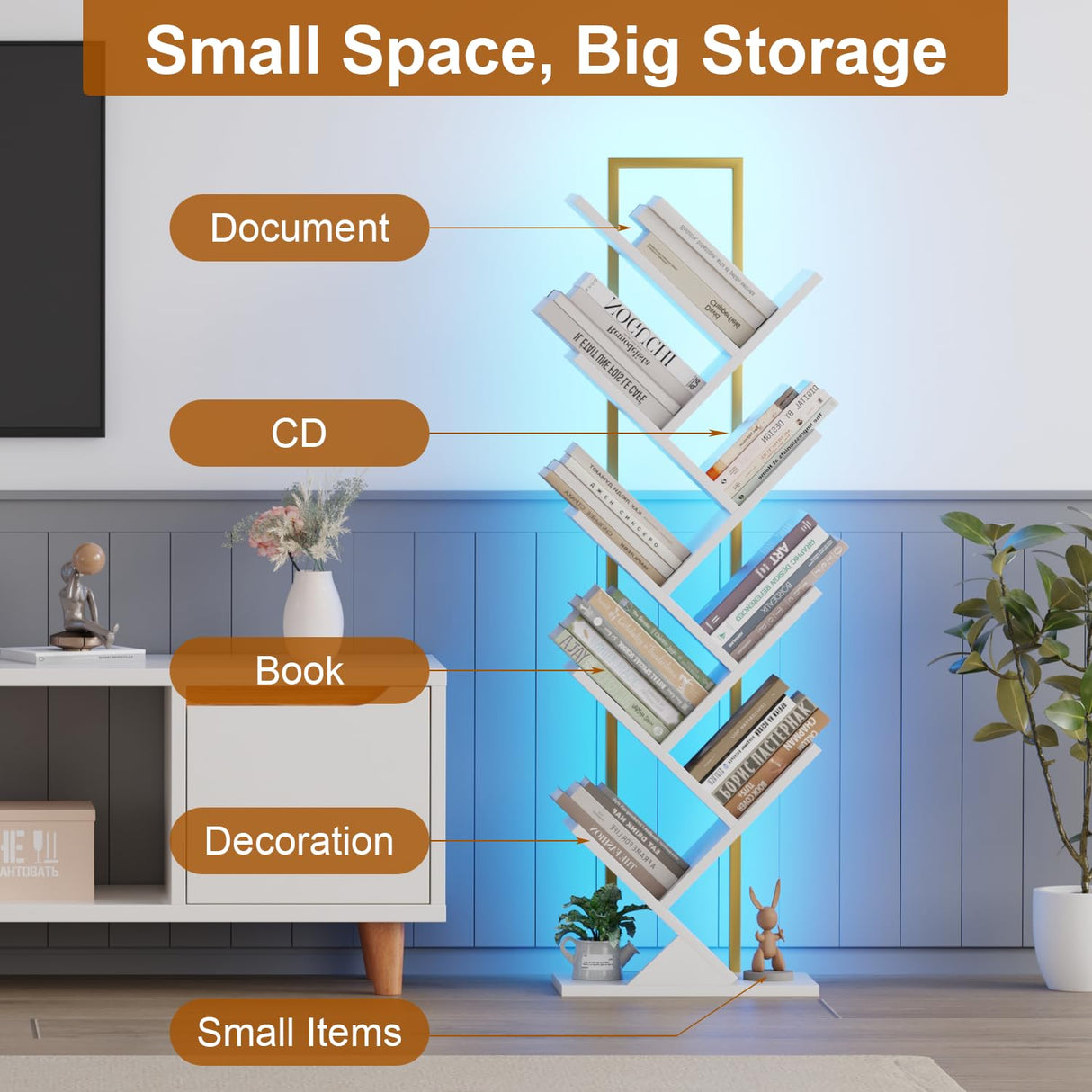 Qupui Bookshelf with LED Lights, 9 Tier Tree Bookshelf, Floor Standing Bookcase, Classical Corner Bookshelf Kids Bookshelf, Tall Bookshelf, White Book Shelf for Bedroom, Living Room, Home Office Qupui