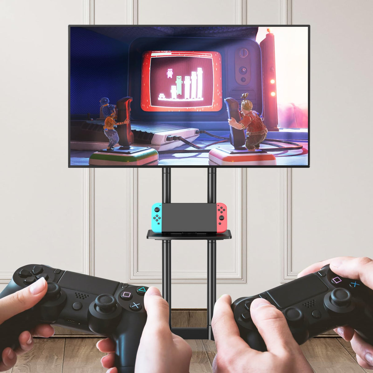 YOMT Mobile TV Stand for 32-75 inch TVs - Height Adjustable Rolling TV Stand, 88lbs Capacity, 2-inch Caster Wheels Portable TV Stand with Removable Storage Shelf YOMT