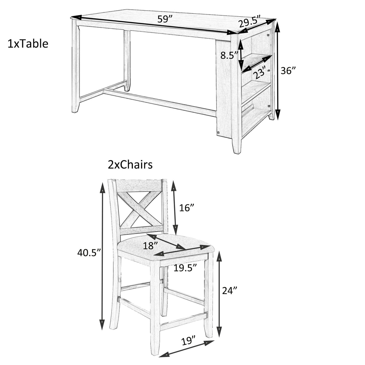 5 Pieces Counter Height Wooden Bar Table Set with 3-Tier Shelf and 4 Chairs, Rustic Farmhouse Dining Table Set for 4, Gray Harper & Bright Designs