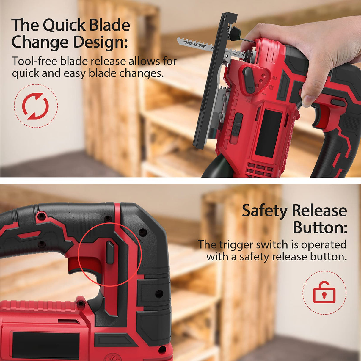 Irfora Jig Saw 20V Cordless Jigsaw for Woodworking with 4 Orbital Settings 2700 SPM 10-Piece T-Shank Blade Set 2.0 Ah Battery Fast Tool-Free Blade Clamp 45° Adjustment LED Light Parallel Saw Irfora