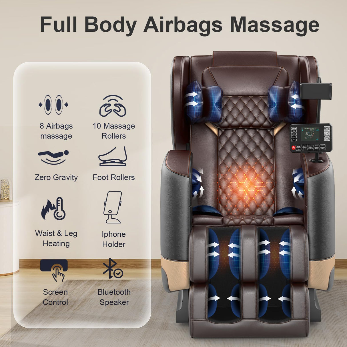 FURNIMAT 2025 Massage Chair Full Body, Zero Gravity Massage Chair with 10 Fix Rollers, Heating, Foot Massage, Auto Modes, Bluetooth Speaker, Touch Screen Controller (Upgraded Version) FURNIMAT
