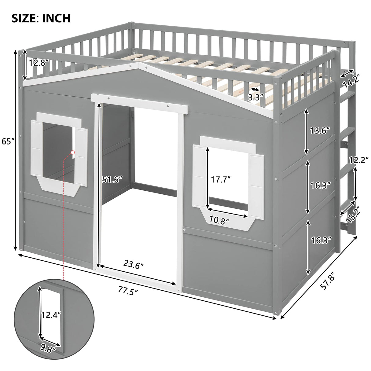 VilroCaz Stylish Gray and White Full Size Loft Bed with Safety Guardrail and Playhouse Design VilroCaz