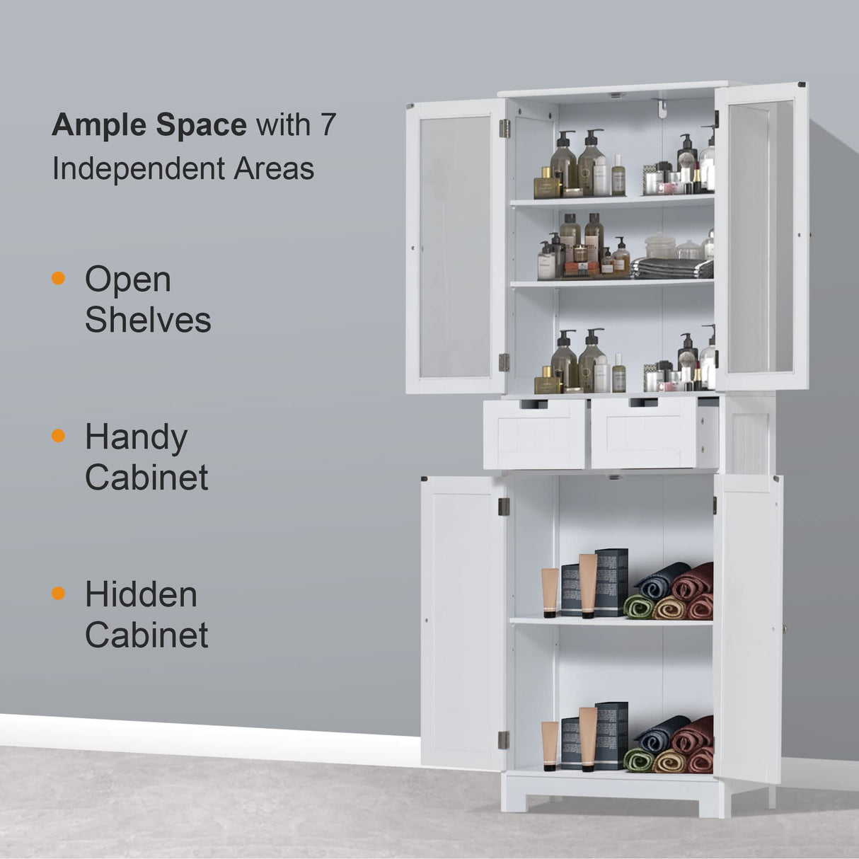 Bathroom Storage Cabinet with Drawers, 67" Tall Floor Linen Cabinet with Doors and Shelves, Freestanding Bathroom Towel Cabinet Organizer, White Accent Cupboard for Bathroom Kitchen Living Room Gitua