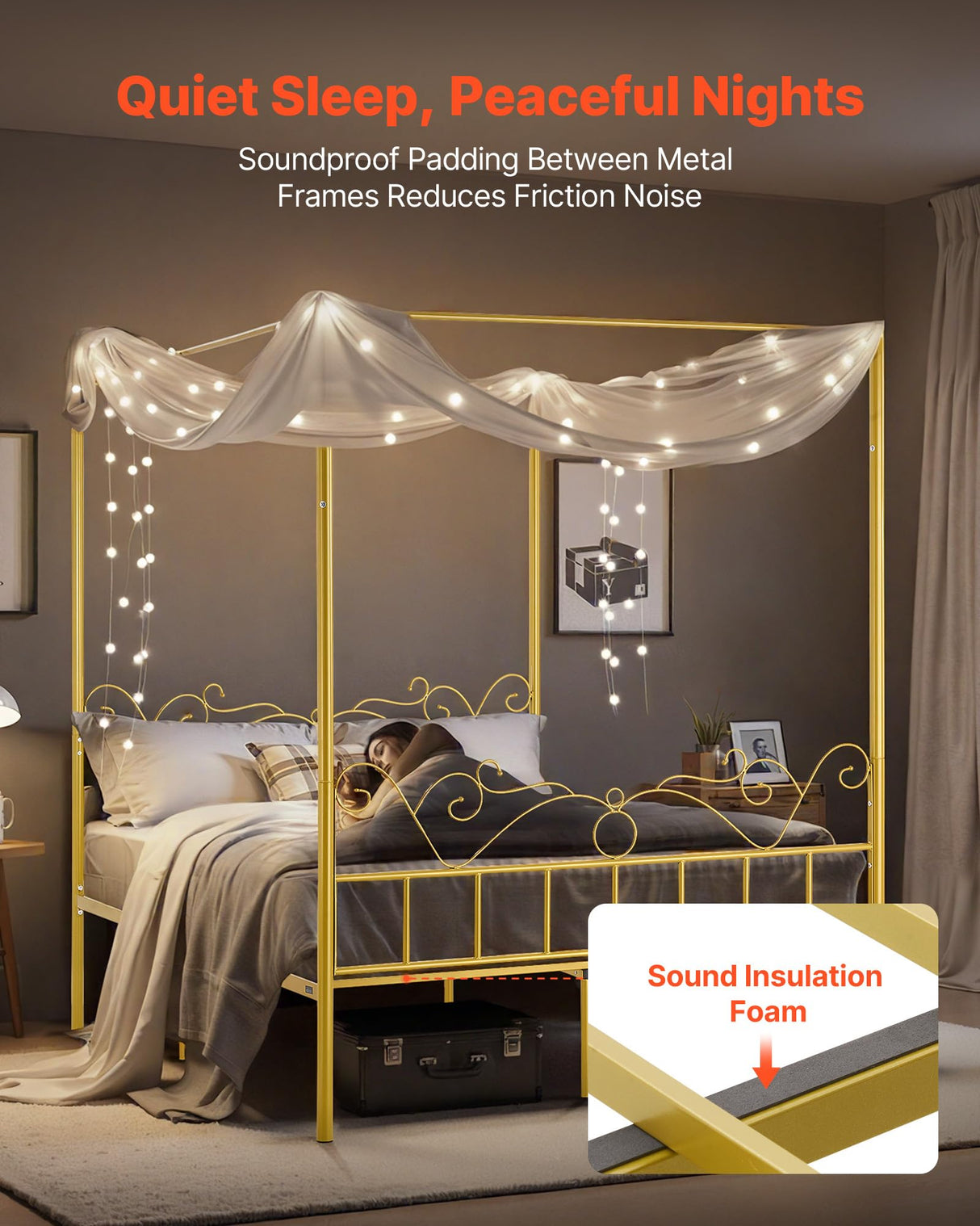 VEVOR Canopy Bed Frame Queen Size, Metal Canopy Bed with Minimalist Headboard & Four Posters Design, Heavy Duty Steel Slats Support, Underbed Storage Space, No Box Spring Needed, Easy Assembly, Gold VEVOR