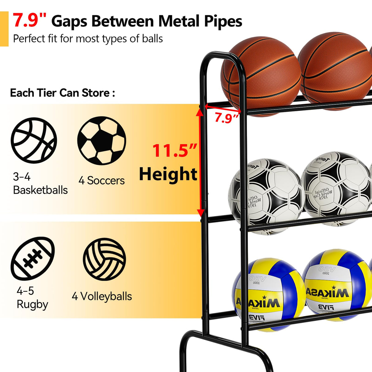SUFAUY Sports Equipment Organizer, Garage Basketball Rack, Gear & Ball Storage Rack, Outdoor and Indoor Rolling Balls Cart with Wheels SUFAUY