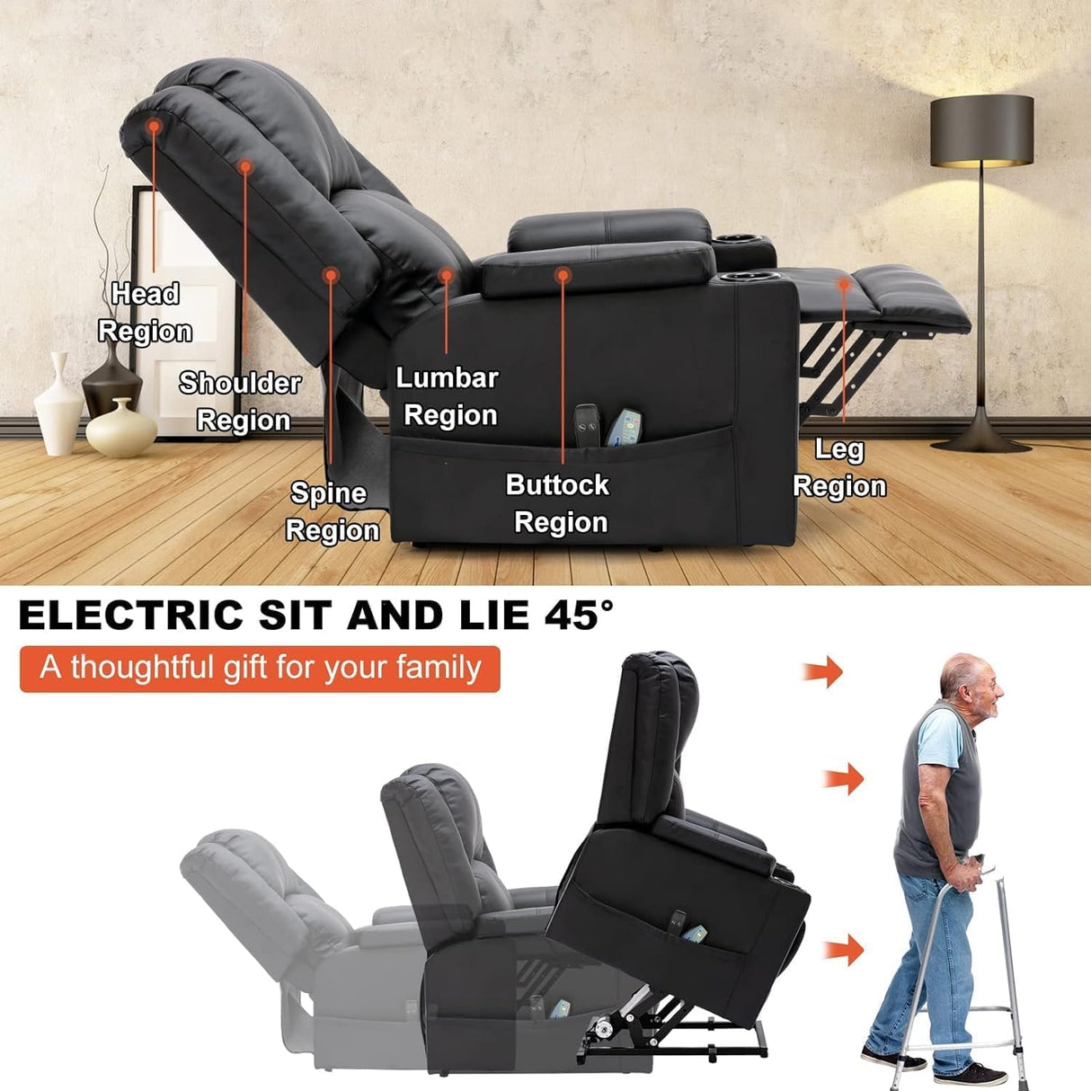 COMHOMA Power Lift Recliner for Elderly,Lift Chair with Heat and Massage,PU Recliner Sofa with Timing Function 2 Side Pockets,Cup Holders and Infinite Position for Living Room (Black) COMHOMA