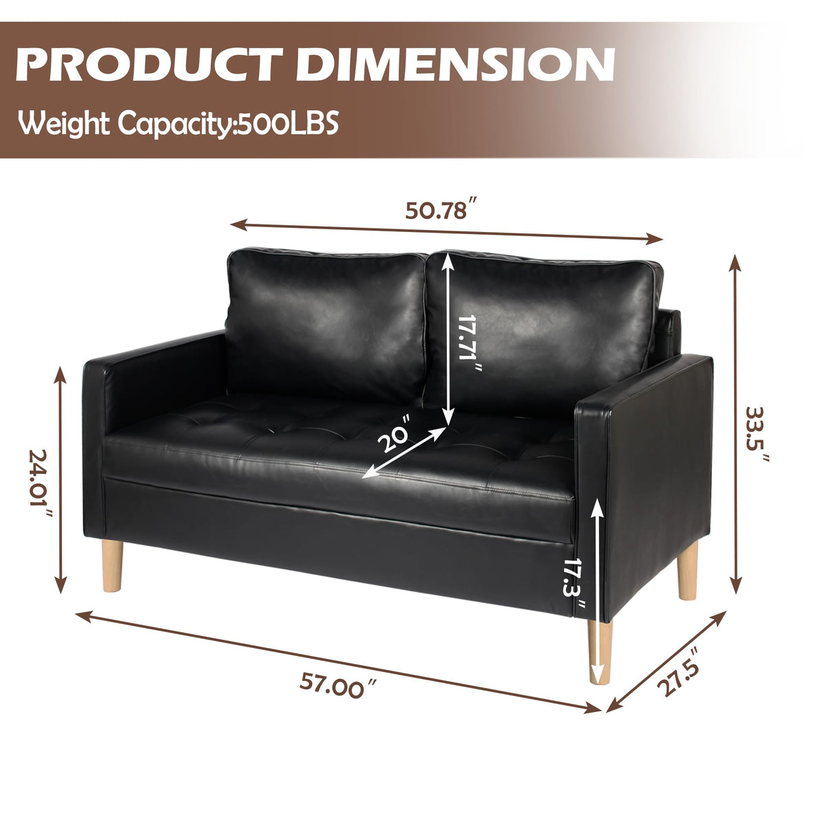 AILEEKISS 57'' Mid-Century Loveseat Faux Leather Sofa Couch with Armrest for Two People Modern 2 Seat Sofa for Living Room (2-Seater, Black) AILEEKISS