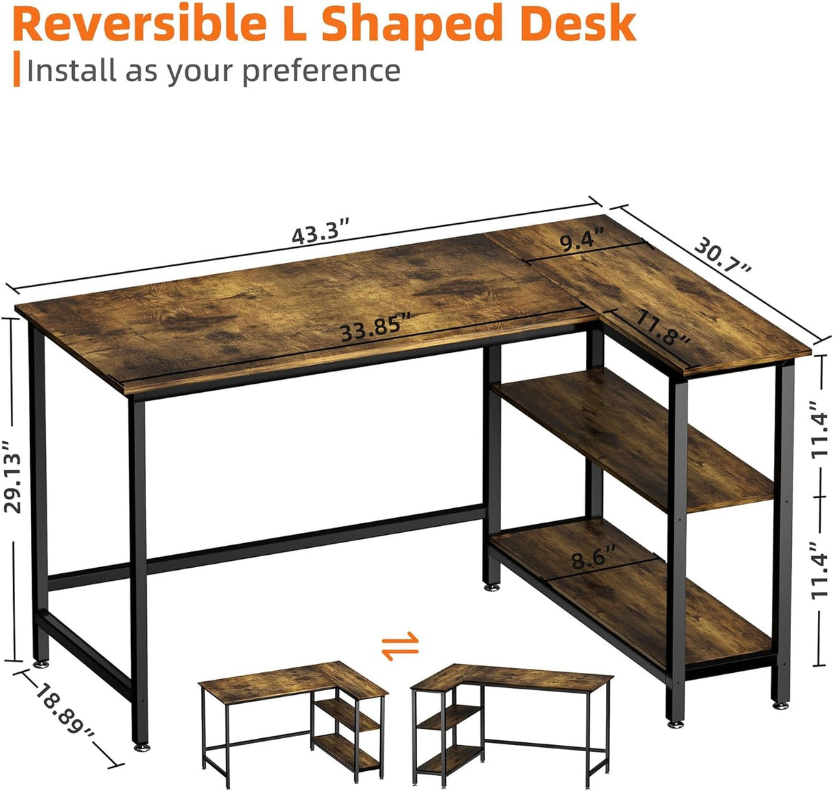 WOODYNLUX L Shaped Desk - 43 Inch Gaming Desk, Computer Corner Desk, Home Office Writing Desk with Shelf, Space-Saving Workstation Table, Modern Simple Wooden Desk, Rustic Brown WOODYNLUX