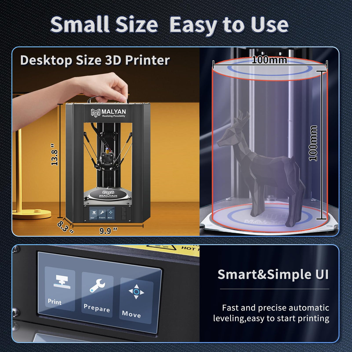 MALYAN Mini Delta 3D Printer M300 - Fully Assembled FDM 3D Printers for Kids and Beginners, Free Sample PLA Filament and MicroSD Card Preloaded with Printable 3D Models, Printing Size 110x110 mm MALYAN