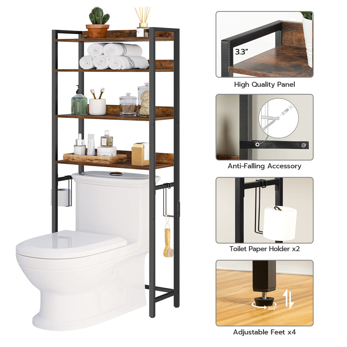 MAHANCRIS Rustic Brown 4-Tier Over The Toilet Storage Rack with Hooks - Versatile Bathroom Organizer MAHANCRIS