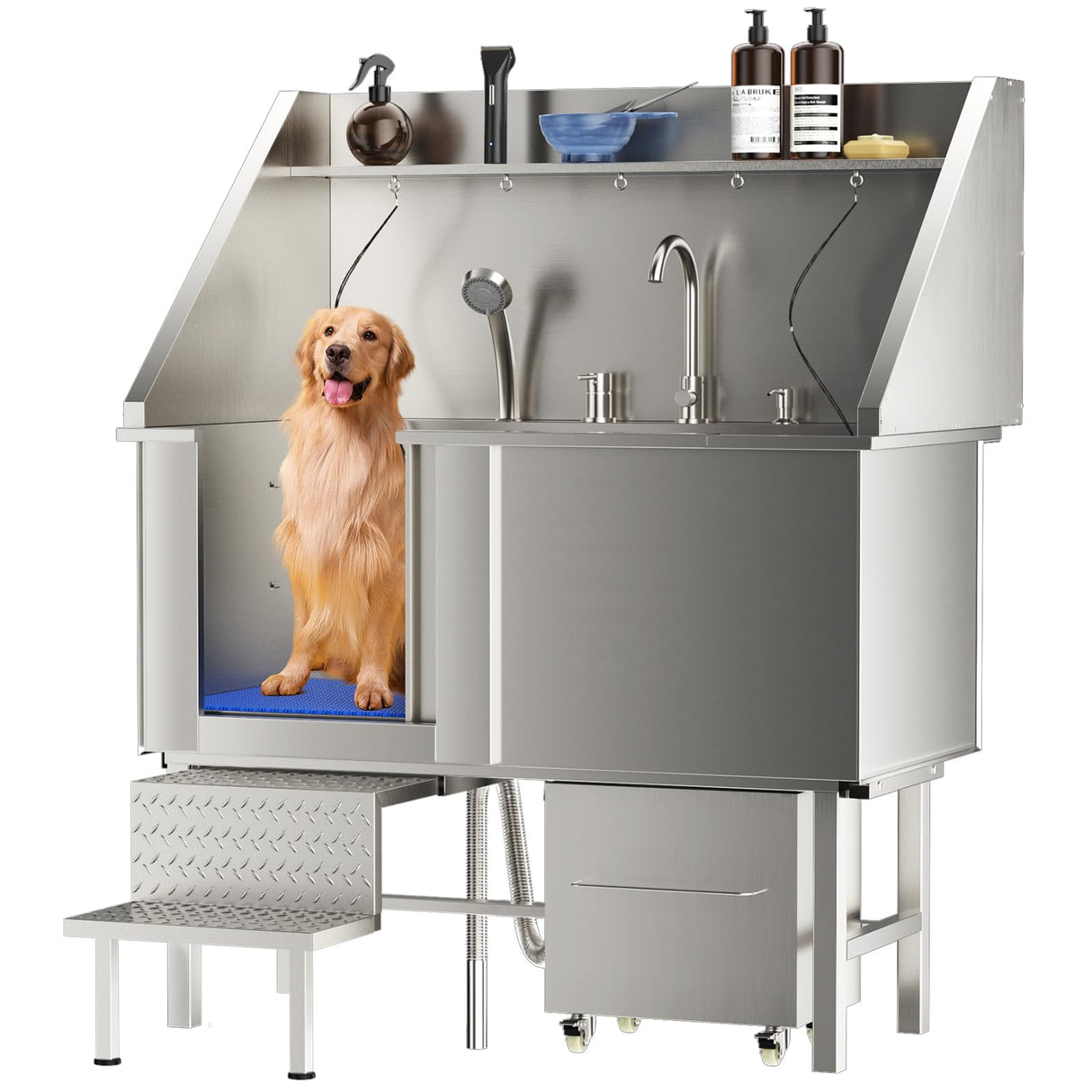 ROOMTEC 304 Stainless Steel Dog Washing Station, 50 Inch Professional Dog Grooming Tub, Pet Bathtub with Sink, Storage Drawer,Ladder ROOMTEC