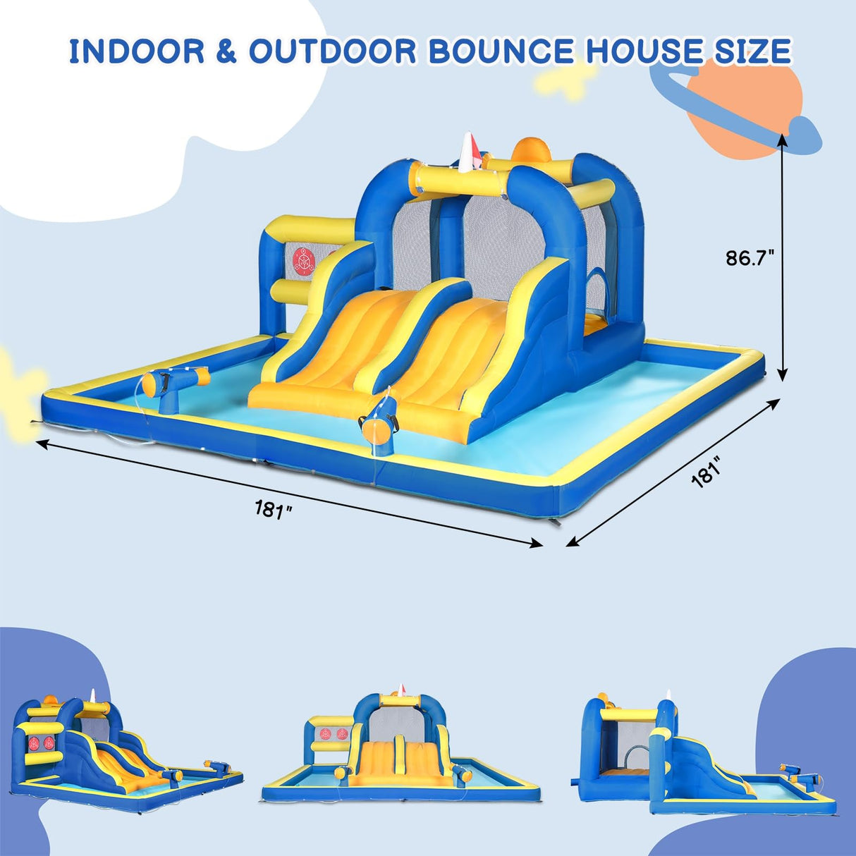Ktaxon Inflatable Bounce House, Jumping Outdoor Air Castle Children Bouncer Double Water Slide with Air-Blower for Backyard, Park, Lawn (181" L x 181" W x 86.7" H) Ktaxon