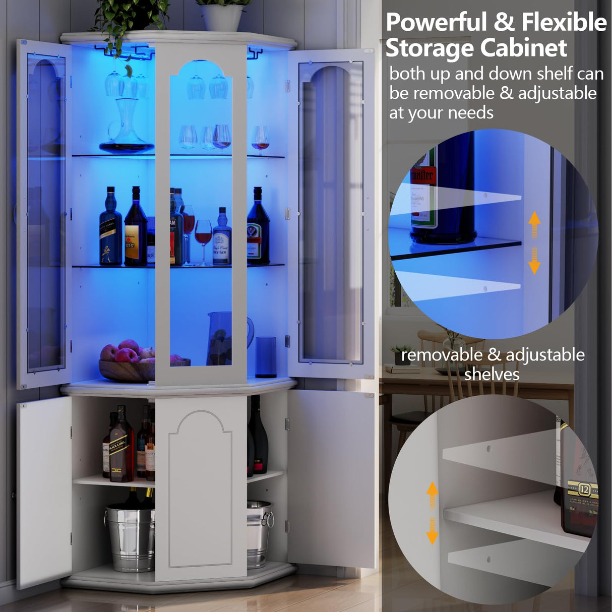 Gyfimoie Corner Bar Cabinet w/LED Lights, Tall Modern Wine Cabinet with Tempered Glass Door & Adjustable Shelves, Home Bar Liquor Storage Cabinet with Glass Rack for Living Room, Dining Room (White) Gyfimoie