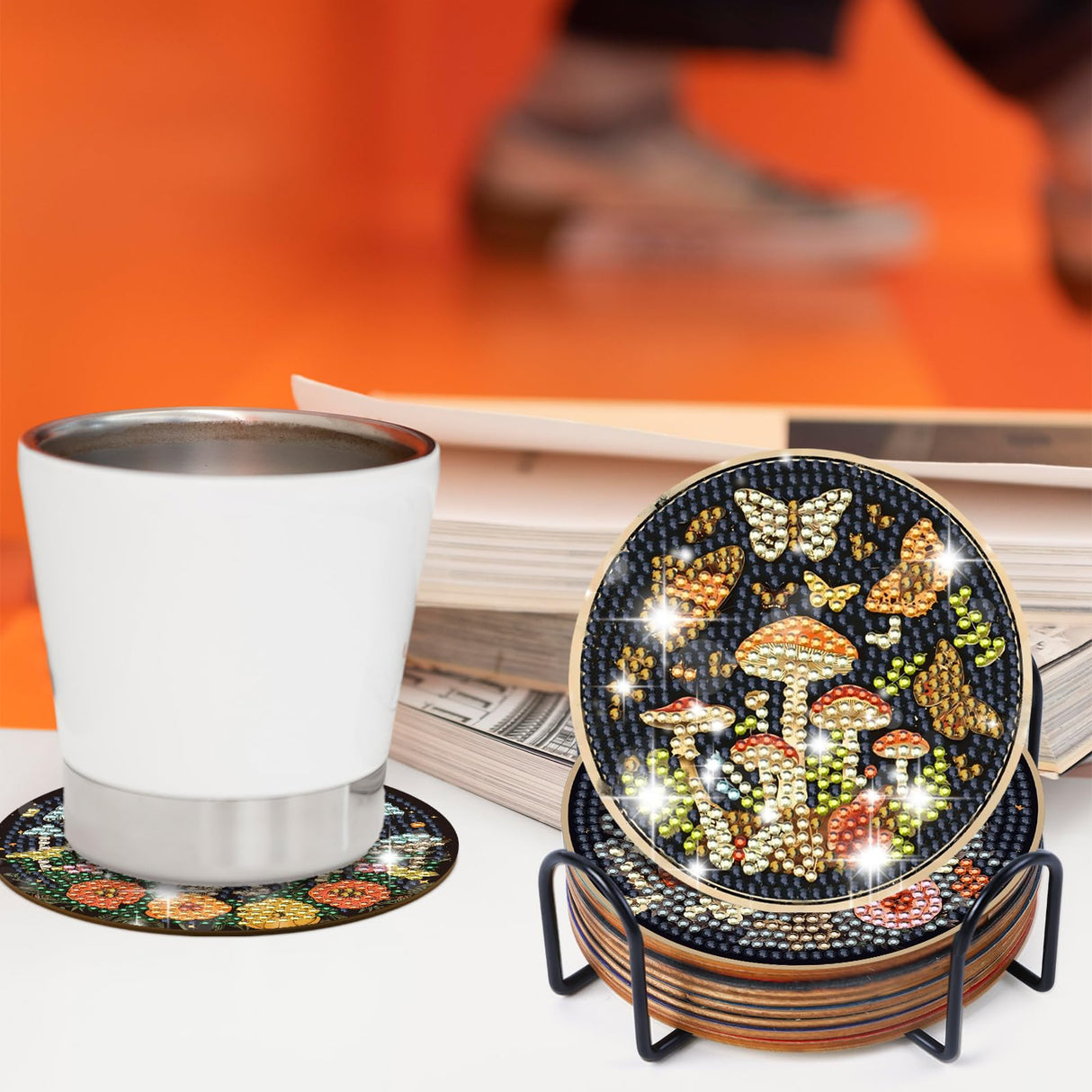 Mushroom Diamond Art Coasters Kit - 8 Pcs Boho Celestial Moth Mushroom Diamond Painting Coasters Kit for Adults, Gem Art Rhinestone Painting DIY Craft Supplies for Women Halloween Sitsink