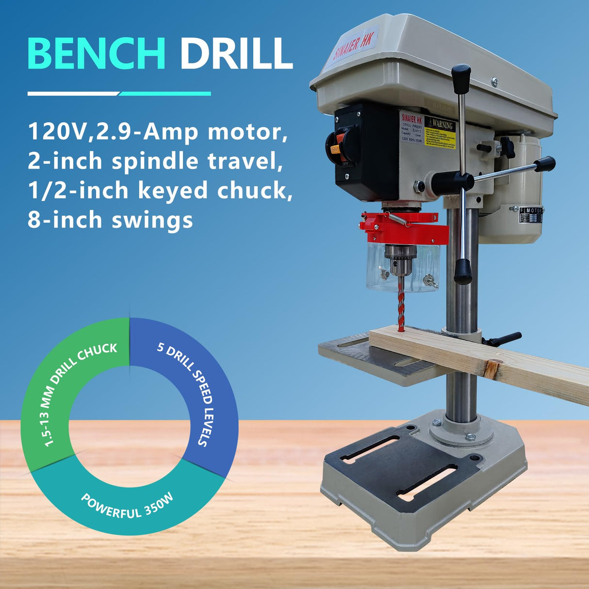 Drill Press, Benchtop Drill Press, High-Performance 8 Inch 5 Speed Benchtop Drill Press,0-45° Tiltling Tabletop Drilling,2.9 Amp for Wood, Metal, and Plastic (8 Inch) SINAIERHK