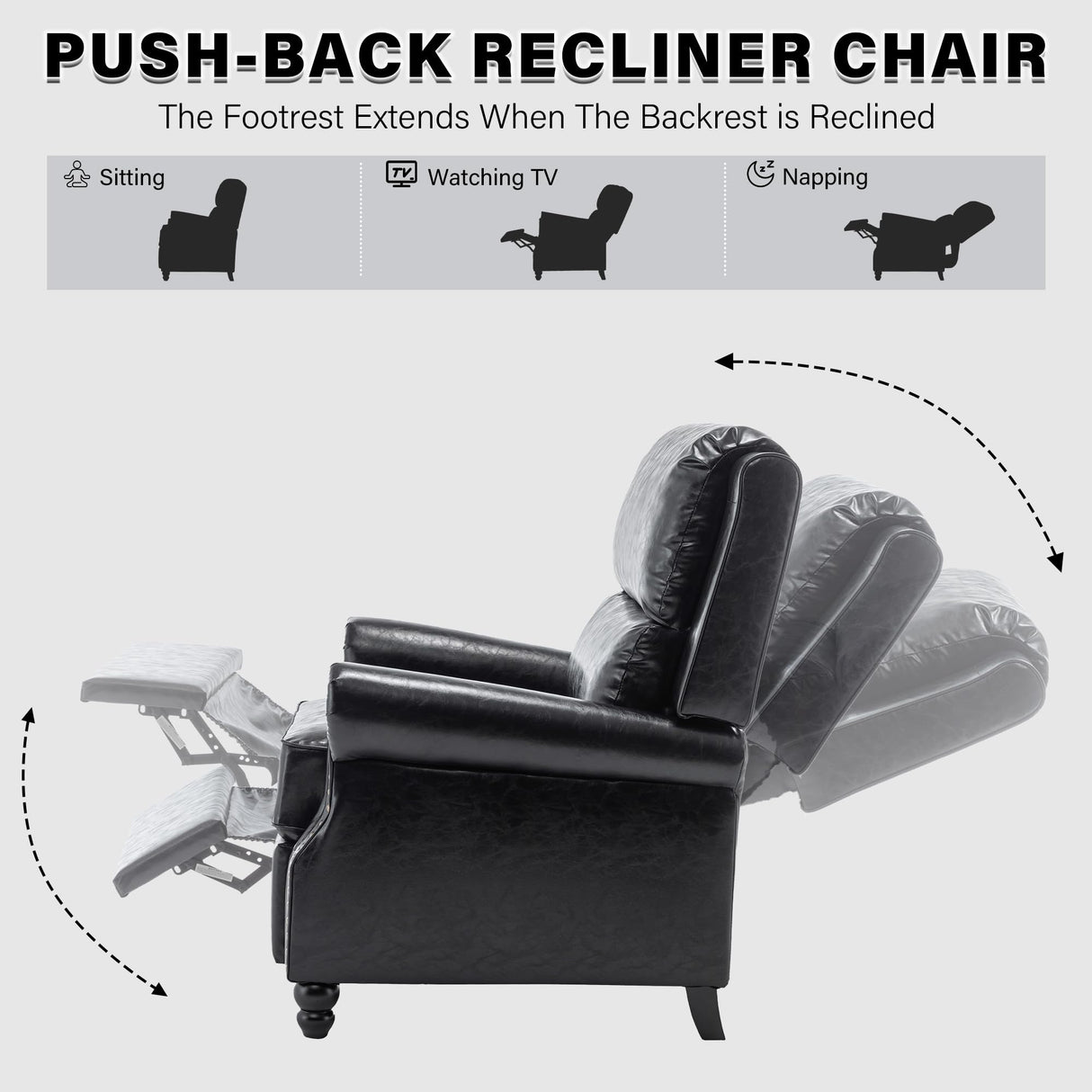 UIXE Pushback Recliner Chairs Set of 2, PU Leather Armchair Push Back Accent Chair, Rivet Trim Club Chair Home Theater Overstuffed Single Sofa Reading Seat for Living Room, Black UIXE