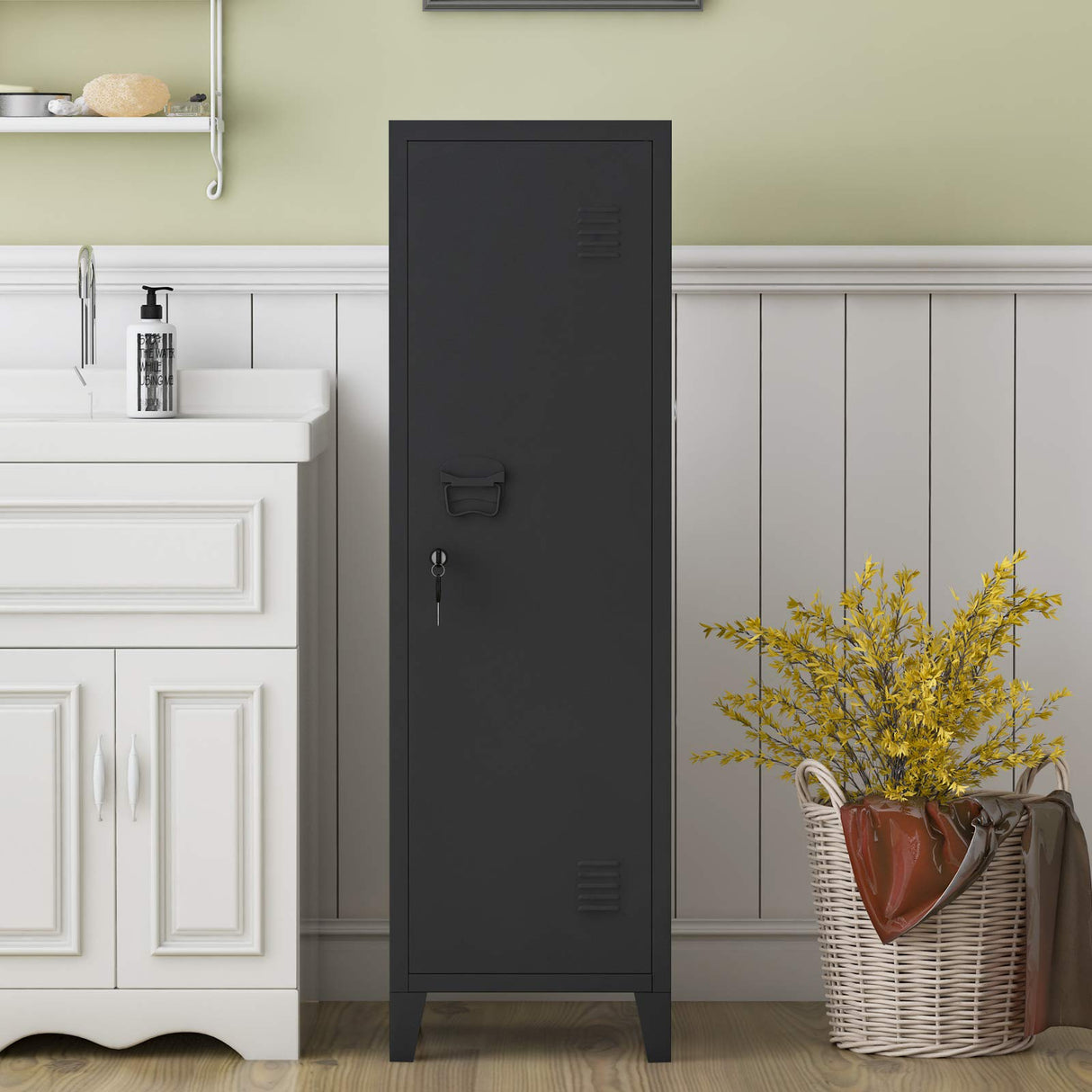 MIOCASA Metal Cabinet Home Office Storage Cabinets with Doors and Shelves Lockable 3 Door File Cabinet Organizer Coat Lockers for Kids (Black) MIOCASA