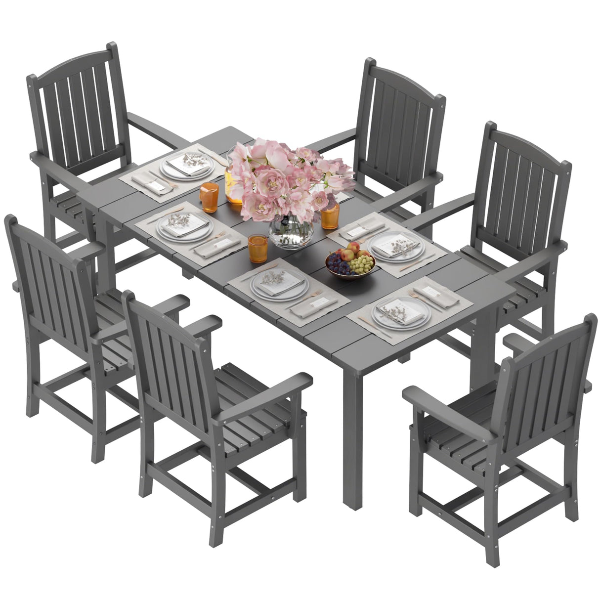 ROCSUMOO 7-Piece HDPE Outdoor Dining Set with 6 Chairs, Rectangular Patio Dining Furniture Set of 6, Modern Dining Table Chairs Set with Umbrella Hole for Poolside, Dark Gray (6 Chairs+1 Table) ROCSUMOO