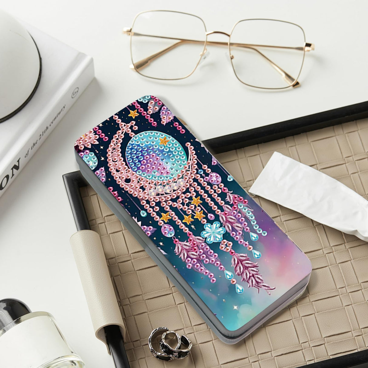 JZHYOAN 6.3×2.67×1.3 Inch Handmade 5D Diamond Art Kit DIY Diamond Painting Glasses Case Travel Sunglasses Holder Portable Storage Box Eyeglass Storage Box for Gift Giving Office Multi-Scenes JZHYOAN