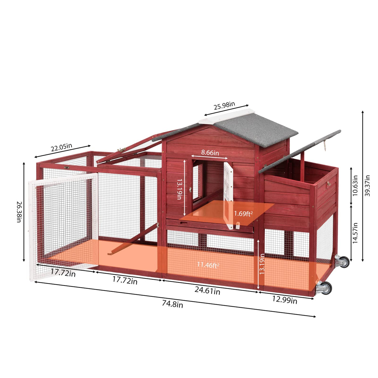 PetsCosset 79" Wooden Chicken Coop Rabbit Cage with Nesting Box, Waterproof Roof, Removable Tray, Combinable PetsCosset