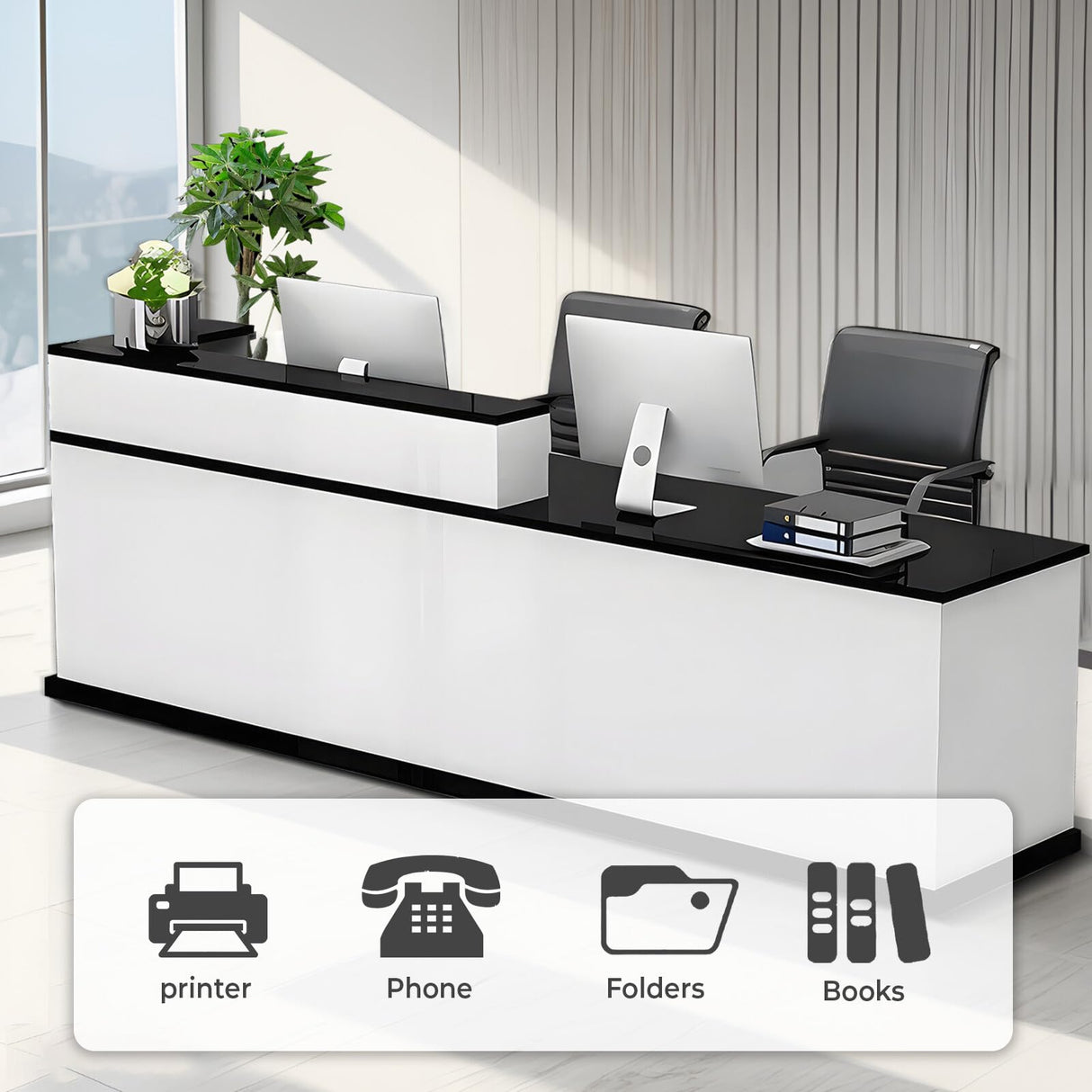 Nuipesn Reception Desk, Counter Desk with Lockable Drawer, Office Computer Table (Pure White+Black/Left, 86.61" L*23.62" W*39.37" H) Nuipesn