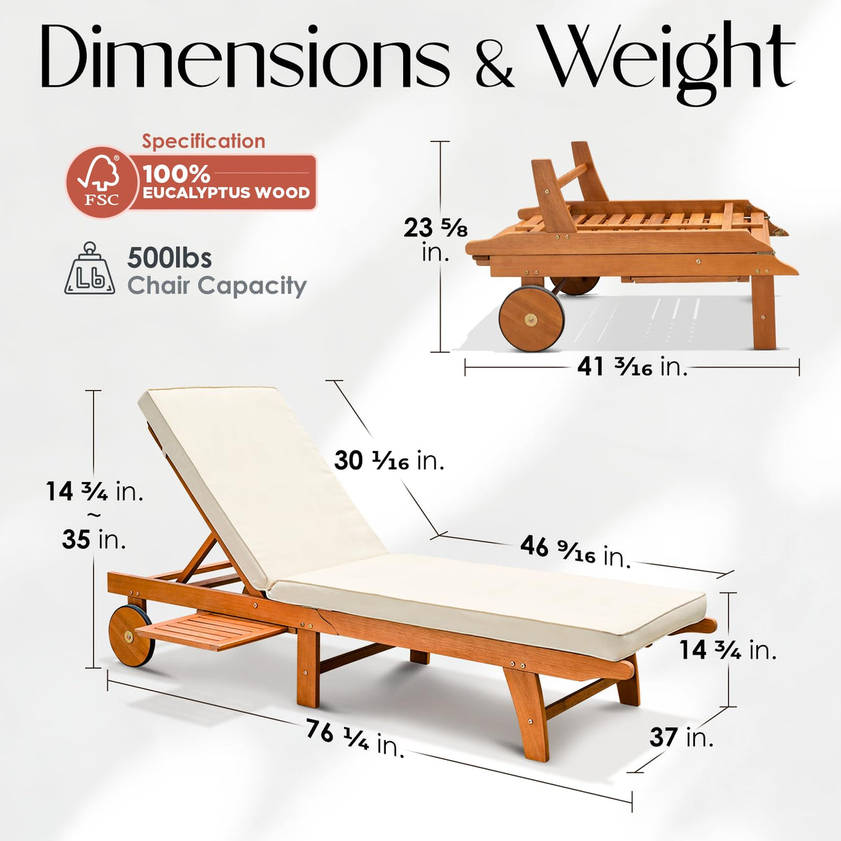 IDZO Upgraded Cushion Outdoor, 500lbs Capacity Patio Pool Loungers, Stackable and Foldable Design, Reclining Backrest, Federica Wood Chaise Lounge_Brown IDZO