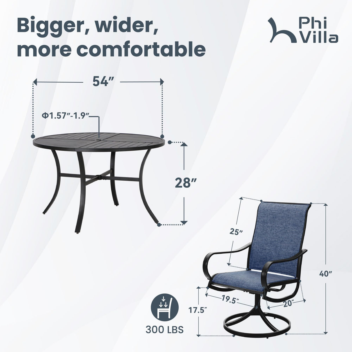PHI VILLA 7 Piece Outdoor Patio Dining Set with 6 Swivel Dining Chairs & 1 Large Round Dining Table, Blue Textilene Mesh Fabric Chair and 54" Metal Table for All Weather PHI VILLA